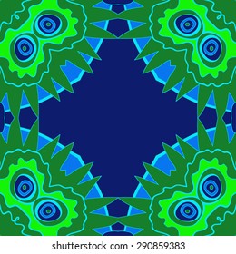 Circular seamless pattern of  floral motif,  stylized flowers, ellipses, stripes, waves, zigzag, copy space. Hand drawn.