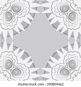 Circular seamless pattern of  floral motif,  stylized flowers, ellipses, stripes, waves, zigzag, copy space. Hand drawn.