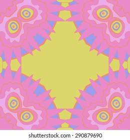 Circular seamless pattern of  floral motif,  stylized flowers, ellipses, stripes, waves, zigzag, copy space. Hand drawn.