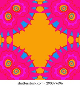 Circular seamless pattern of  floral motif,  stylized flowers, ellipses, stripes, waves, zigzag, copy space. Hand drawn.