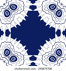 Circular seamless pattern of  floral motif,  stylized flowers, ellipses, stripes, waves, zigzag, copy space. Hand drawn.