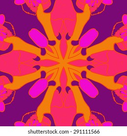 Circular seamless  pattern of floral motif, waves, cross, buds. Hand drawn.