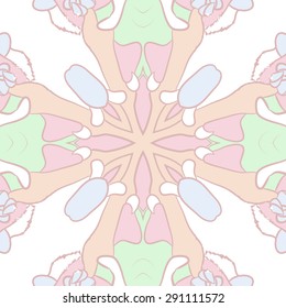 Circular seamless  pattern of floral motif, waves, cross, buds. Hand drawn.
