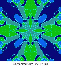 Circular seamless  pattern of floral motif, waves, cross, buds. Hand drawn.