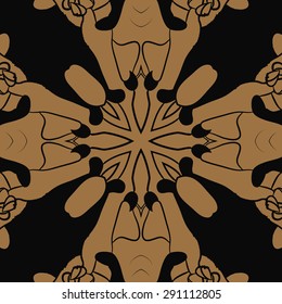 Circular seamless  pattern of floral motif, waves, cross, buds. Hand drawn.