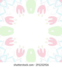 Circular seamless  pattern of floral motif, branches, flowers, ellipses, copy space. Hand drawn.