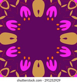 Circular seamless  pattern of floral motif, branches, flowers, ellipses, copy space. Hand drawn.