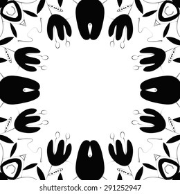 Circular seamless  pattern of floral motif, branches, flowers, ellipses, copy space. Hand drawn.