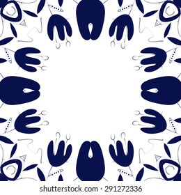 Circular seamless  pattern of floral motif, branches, flowers, ellipses, copy space. Hand drawn.