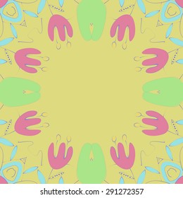 Circular seamless  pattern of floral motif, branches, flowers, ellipses, copy space. Hand drawn.