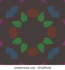 Circular seamless  pattern of floral motif, doodles, spirals, wave, leaves, copy space. Hand drawn.