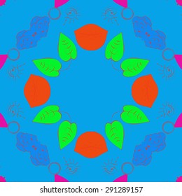 Circular seamless  pattern of floral motif, doodles, spirals, wave, leaves, copy space. Hand drawn.