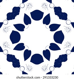 Circular seamless  pattern of floral motif, doodles, spirals, wave, leaves, copy space. Hand drawn.