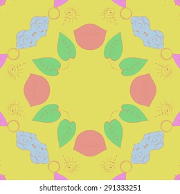 Circular seamless  pattern of floral motif, doodles, spirals, wave, leaves, copy space. Hand drawn.