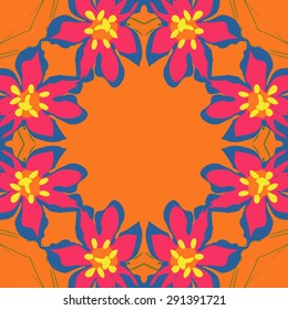 Circular seamless  pattern of floral motif, flowers, stamens, branches, copy space. Hand drawn.