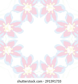 Circular seamless  pattern of floral motif, flowers, stamens, branches, copy space. Hand drawn.