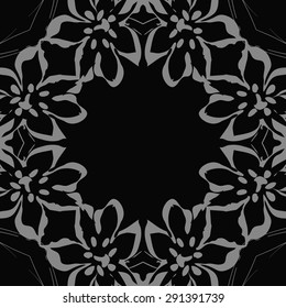 Circular seamless  pattern of floral motif, flowers, stamens, branches, copy space. Hand drawn.