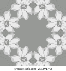 Circular seamless  pattern of floral motif, flowers, stamens, branches, copy space. Hand drawn.