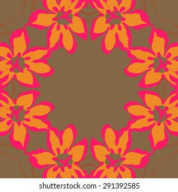 Circular seamless  pattern of floral motif, flowers, stamens, branches, copy space. Hand drawn.