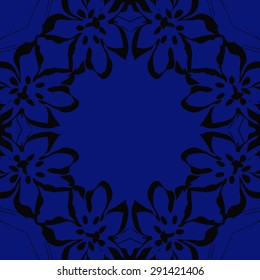 Circular seamless  pattern of floral motif, flowers, stamens, branches, copy space. Hand drawn.