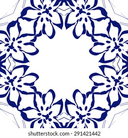 Circular seamless  pattern of floral motif, flowers, stamens, branches, copy space. Hand drawn.