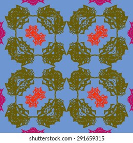 Circular  seamless pattern of  floral motif, spots, hole. Handmade.