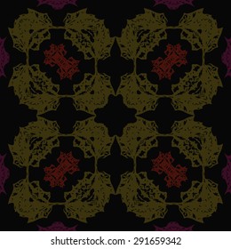 Circular  seamless pattern of  floral motif, spots, hole. Handmade.