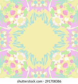 Circular seamless  pattern of floral motif, flowers, doodles, hole, copy space. Hand drawn.