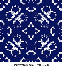 Circular seamless  pattern of floral motif, spots, hole, stripes, spirals, waves. Hand drawn.
