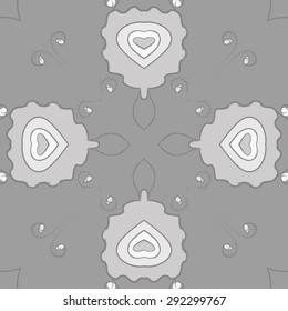Circular seamless  pattern of floral motif, stylized  flowers, spirals, waves, ellipses. Hand drawn.