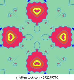 Circular seamless  pattern of floral motif, stylized  flowers, spirals, waves, ellipses. Hand drawn.
