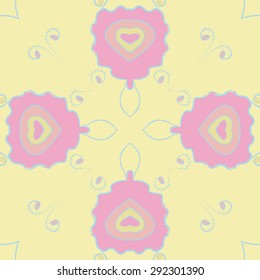 Circular seamless  pattern of floral motif, stylized  flowers, spirals, waves, ellipses. Hand drawn.
