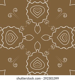 Circular seamless  pattern of floral motif, stylized  flowers, spirals, waves, ellipses. Hand drawn.