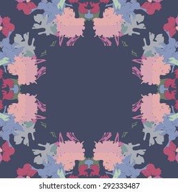 Circular seamless  pattern of floral motif, stylized  bushes , spots, stripe, hole,copy space. Hand drawn.