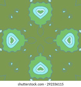 Circular seamless  pattern of floral motif, stylized  flowers, spirals, waves, ellipses. Hand drawn.