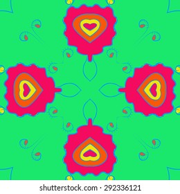 Circular seamless  pattern of floral motif, stylized  flowers, spirals, waves, ellipses. Hand drawn.