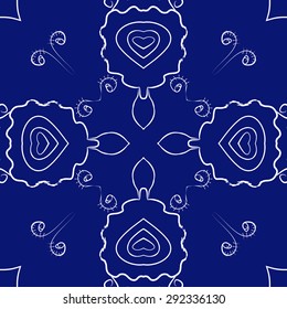 Circular seamless  pattern of floral motif, stylized  flowers, spirals, waves, ellipses. Hand drawn.