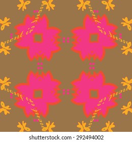 Circular seamless  pattern of floral motif, stylized flowers , text, butterfly, copy space. Hand drawn.