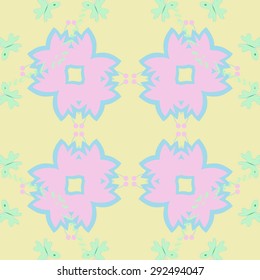 Circular seamless  pattern of floral motif, stylized flowers , text, butterfly, copy space. Hand drawn.