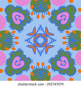 Circular seamless  pattern of floral motif, spots, star, leaves, doodles. Hand drawn.