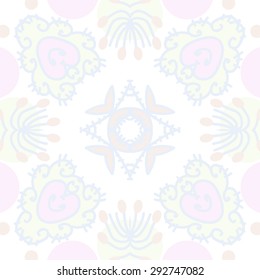 Circular seamless  pattern of floral motif, spots, star, leaves, doodles. Hand drawn.