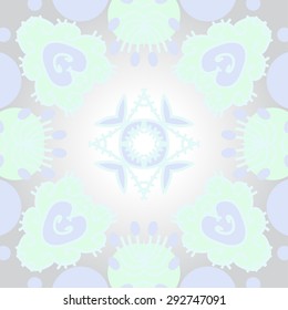 Circular seamless  pattern of floral motif, spots, star, leaves, doodles. Hand drawn.