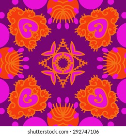 Circular seamless  pattern of floral motif, spots, star, leaves, doodles. Hand drawn.
