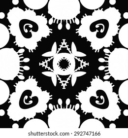 Circular seamless  pattern of floral motif, spots, star, leaves, doodles. Hand drawn.