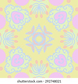 Circular seamless  pattern of floral motif, spots, star, leaves, doodles. Hand drawn.