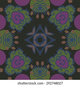 Circular seamless  pattern of floral motif, spots, star, leaves, doodles. Hand drawn.