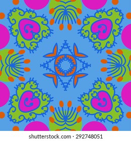 Circular seamless  pattern of floral motif, spots, star, leaves, doodles. Hand drawn.