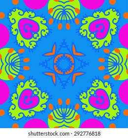 Circular seamless  pattern of floral motif, spots, star, leaves, doodles. Hand drawn.