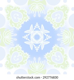 Circular seamless  pattern of floral motif, spots, star, leaves, doodles. Hand drawn.