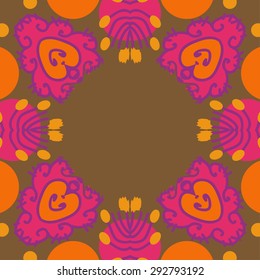 Circular seamless  pattern of floral motif, spots,waves, ellipses, doodles, copy space. Hand drawn.